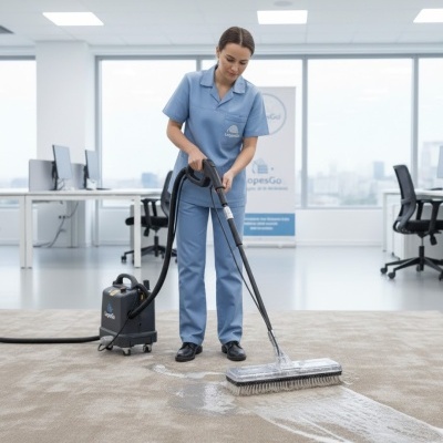 Mulher a limpar tapete com aspirador profissional num escritório
