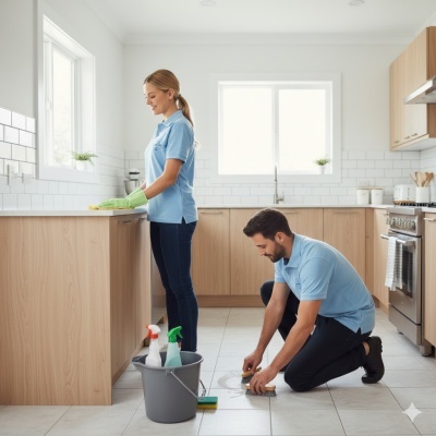 Cozinha moderna com pessoas a limpar chão e bancada com produtos e utensílios de limpeza