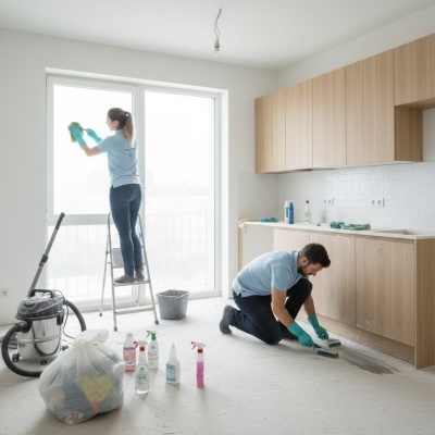 Duas pessoas a limpar uma cozinha branca com armários de madeira clara, produtos de limpeza no chão e janela grande