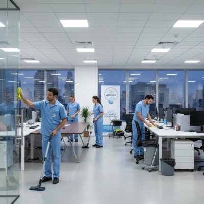 Equipe de limpeza em uniforme azul limpando escritório moderno com mesas e cadeiras