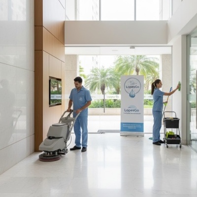 Profissionais de limpeza com máquina e carrinho a limpar chão e vidro em edifício moderno