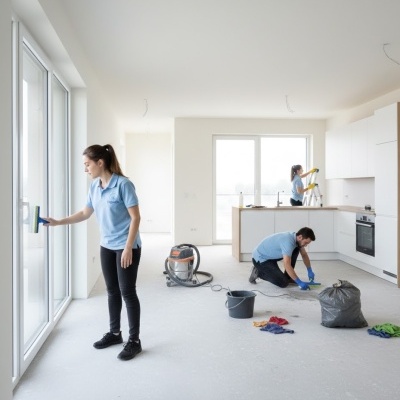Pessoas a limpar uma cozinha branca moderna em uniforme azul