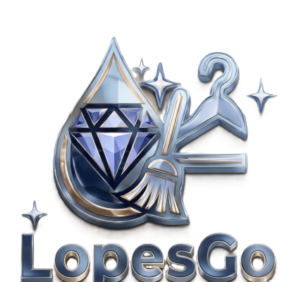 Logótipo azul e prata com diamante, pincel, cabide e texto LopesGo