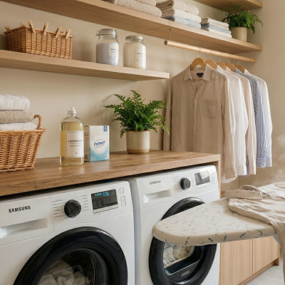 Lavandaria organizada com máquina de lavar, cesto de vime, produtos de limpeza e pessoa a passar a ferro camisa bege.