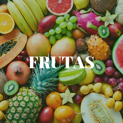 Diversas frutas coloridas e frescas com a palavra FRUTAS sobreposta