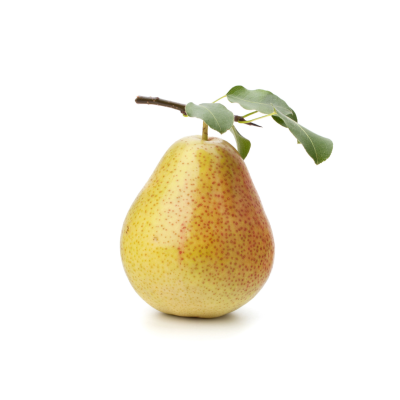 Pera amarela com manchas vermelhas e folhas verdes