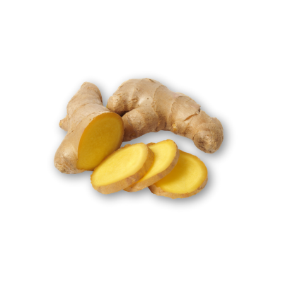 Gengibre fresco cortado em fatias com casca castanha e interior amarelo