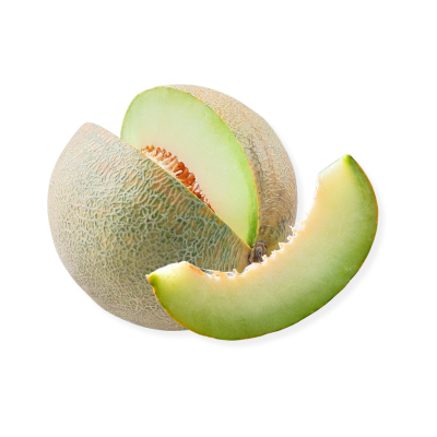 Meia e fatia de melão com casca rugosa bege esverdeada e interior verde claro