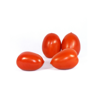 Quatro tomates pequenos e vermelhos sobre fundo branco