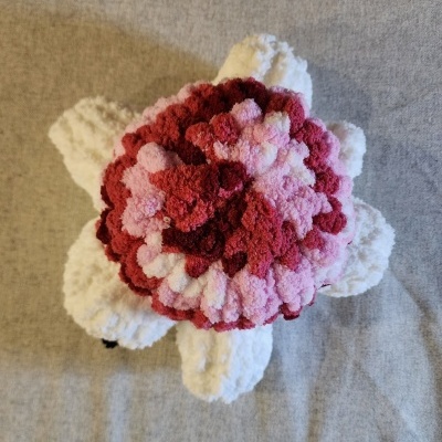 Pelúcia de tartaruga em croché com lã felpuda branca, vermelha e rosa