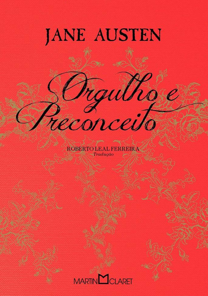 Capa de livro vermelha com título Orgulho e Preconceito e autor Jane Austen