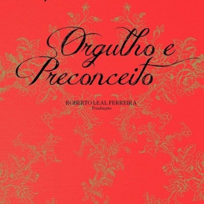Capa de livro vermelha com título Orgulho e Preconceito e autor Jane Austen