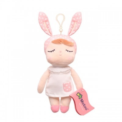 Pelúcia boneca coelho rosa com vestido branco e bolsinho rosa