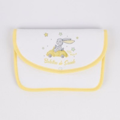 Porta documento branco com borda amarela e ilustração de coelho a conduzir um carro amarelo