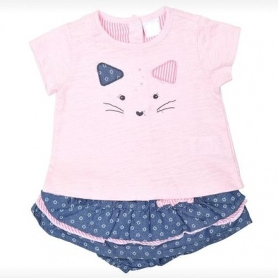 Conjunto bebé t-shirt rosa com bordado e calções azuis com padrão floral