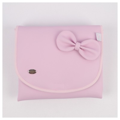 Bolsa rosa com laço e placa metálica