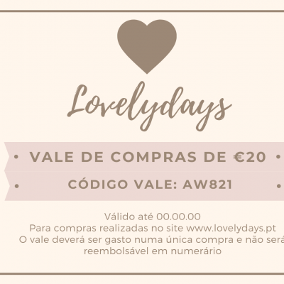 Vale de compras Lovelydays com valor de 20 euros e código AW821