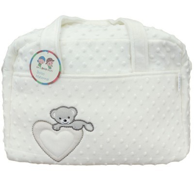 Mala de maternidade branca com ursinho e coração, etiqueta Bebé Viveiros Bolsa Maternal