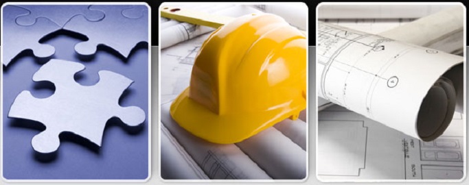 peça de puzzle azul, capacete de segurança amarelo, plantas arquitetónicas desenhadas