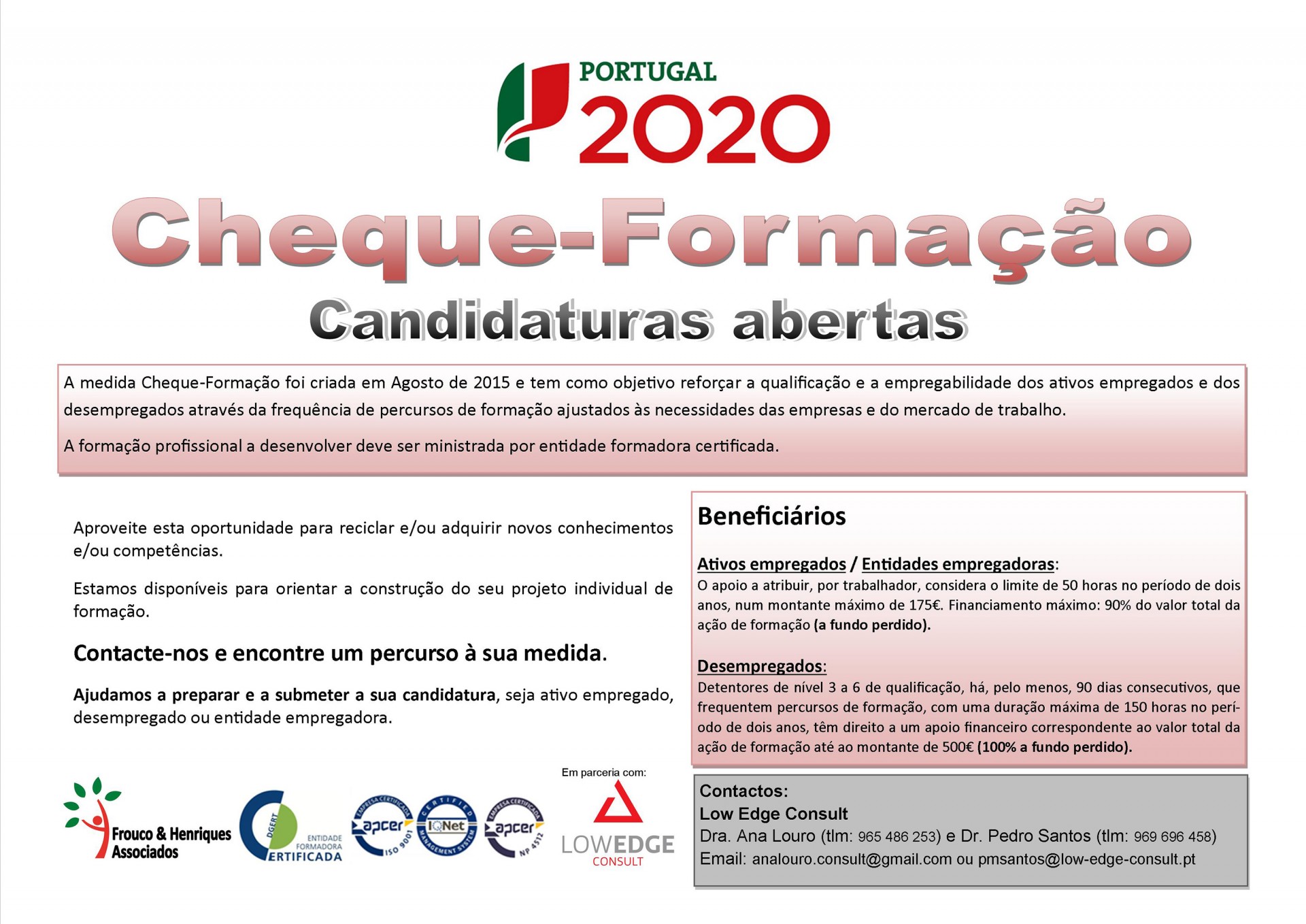 Flyer do programa Cheque-Formação Portugal 2020 com texto explicativo e contactos.