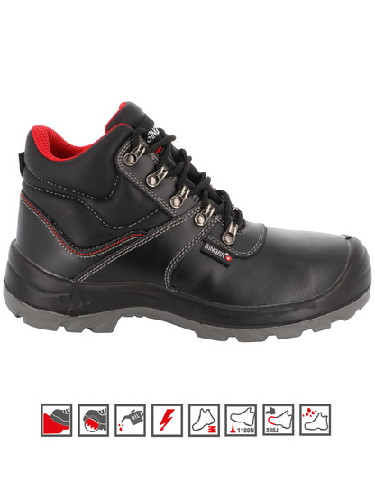 BOTA DE SEGURANÇA DE COURO DE FLOR - SINGER SAFETY (LAURO). Bota de segurança preta com detalhes vermelhos e sola preta