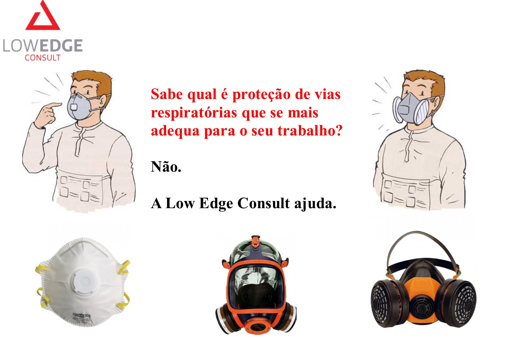 Três máscaras de proteção respiratória e ilustrações de homem a usar cada uma, com texto explicativo da Low Edge Consult.