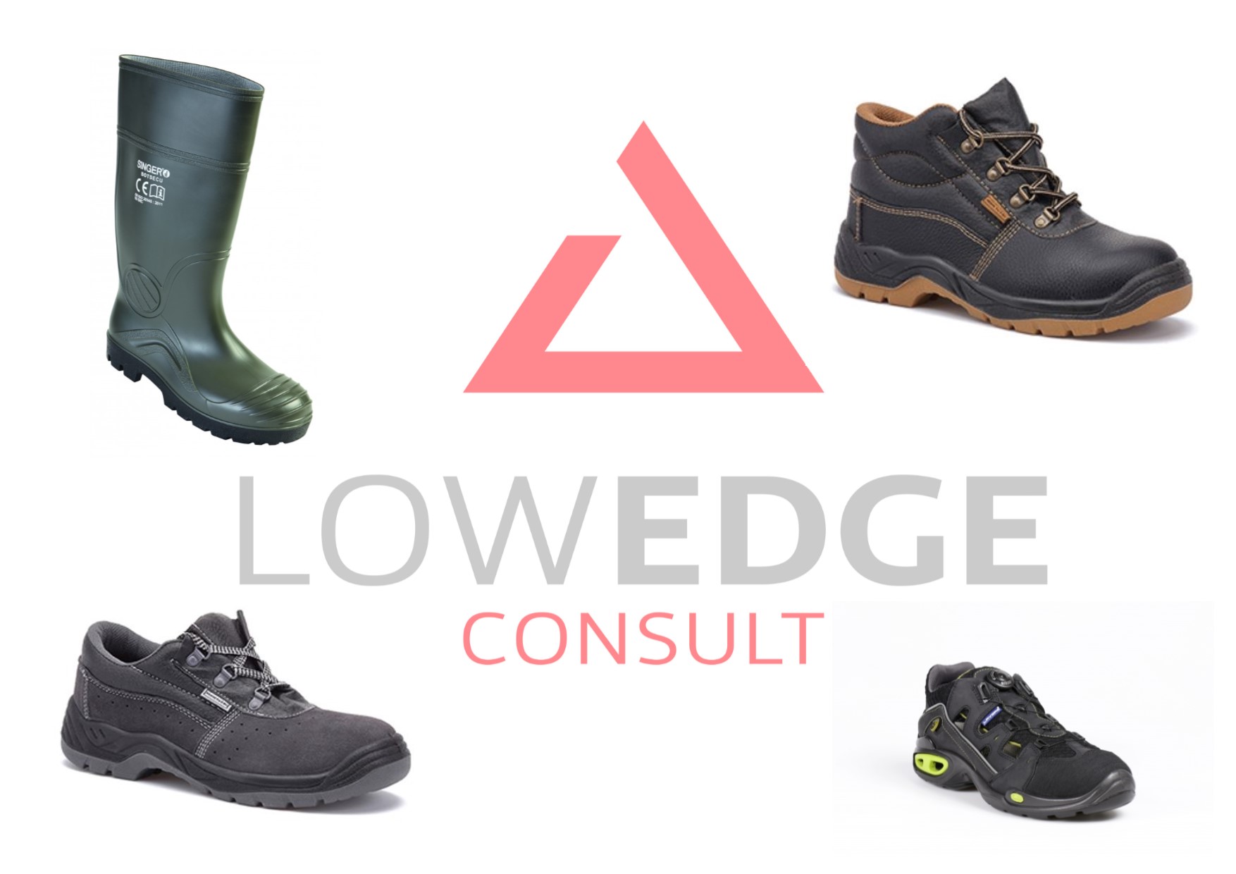 Quatro tipos de calçado de trabalho com logo LOW EDGE CONSULT no centro