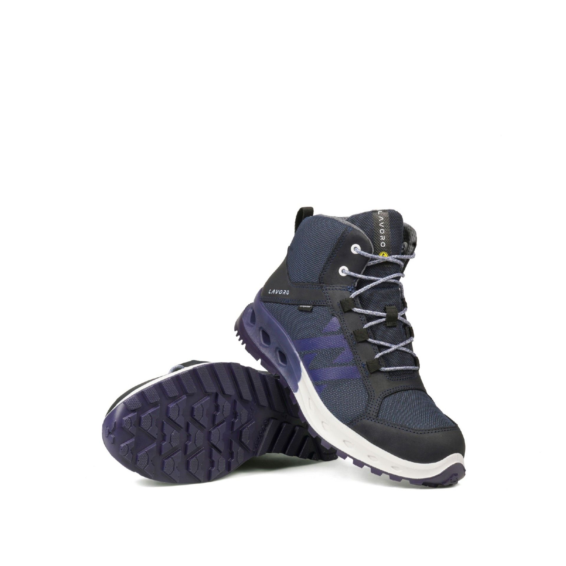 Bota de segurança Não Metálica LAVORO STRATICC HERCULES Bota de trabalho LAVORO azul escura com atacadores brancos e sola robusta roxa