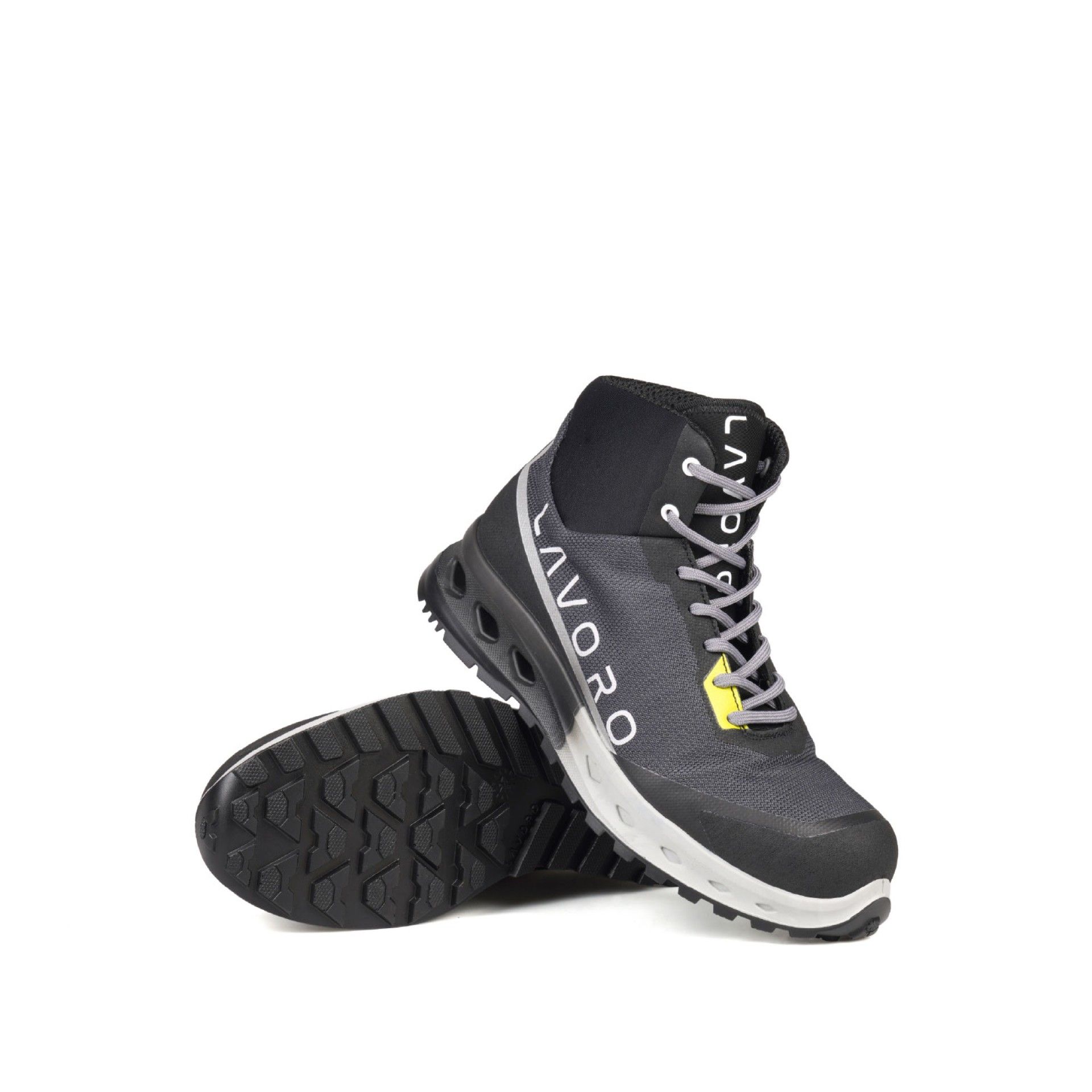 Bota de segurança Não Metálica LAVORO STRATICC CAPRICORNUS Ténis desportivos cinzentos e pretos com detalhes amarelos e texto VISVORO