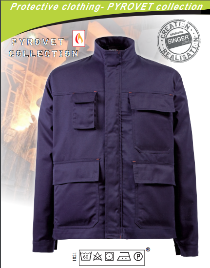 Casaco de proteção azul escuro PYROVET com quatro bolsos e gola alta