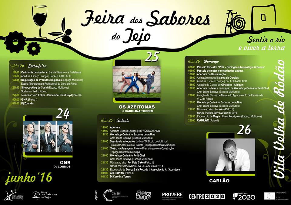 Cartaz preto e verde com programação musical da Feira dos Sabores do Tejo junho 2016 e fotos de artistas