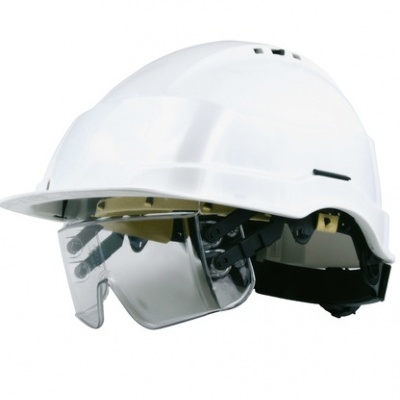 Capacete de segurança branco com viseira transparente