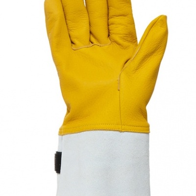 Luvas de proteção amarelas e cinzentas em fundo branco