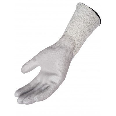 Luva de proteção branca com punho cinza claro alongado.