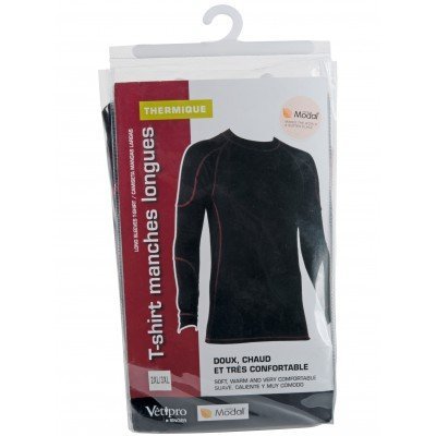 Embalagem de t-shirt térmico de mangas longas preta com texto em francês e inglês