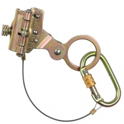 Dispositivo de segurança metálico com mola, anel, mosquetão dourado e cabo de aço