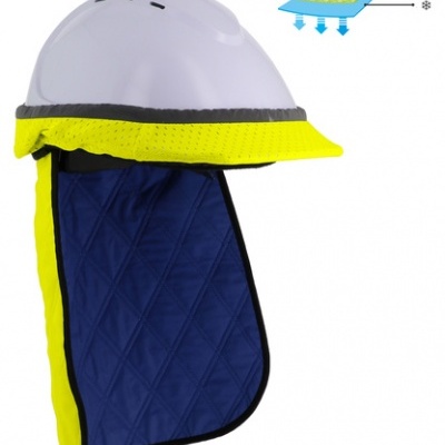 capacete de proteção branco com viseira amarela e proteção traseira azul escuro acolchoada