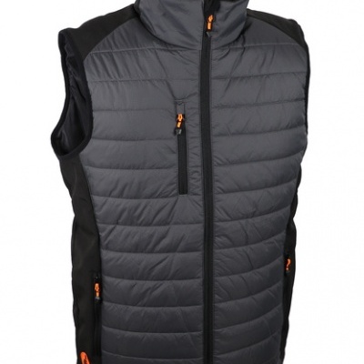 Colete acolchoado cinzento e preto com fechos de correr laranja