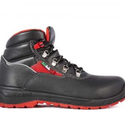 Bota de segurança preta com detalhes vermelhos e cinzentos