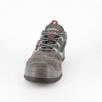 Ténis de segurança cinzento com detalhes azuis e logótipo SINGER S.F.R.