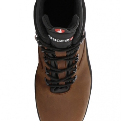 Bota de caminhada castanha com atacadores pretos e etiqueta 'MINGER' na língua