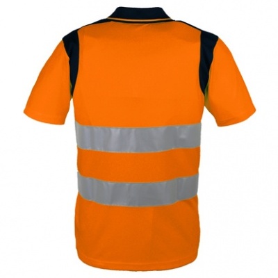 Camisola polo laranja com detalhes pretos e faixas refletoras cinzentas