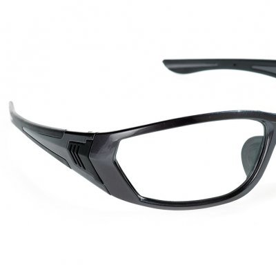 Óculos de proteção pretos com lentes transparentes e design envolvente