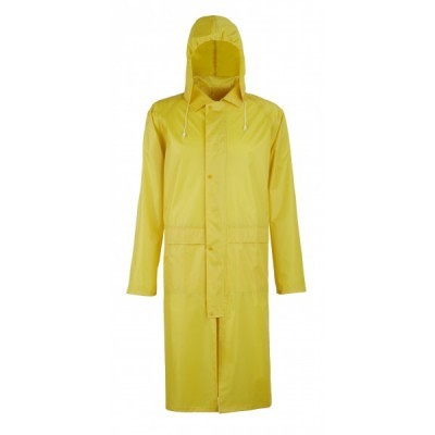Casaco impermeável amarelo com capuz e fecho oculto