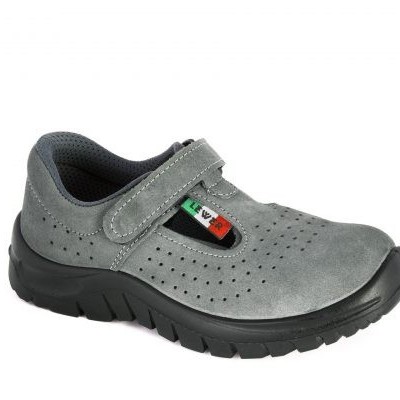 Sapato de segurança cinzento em camurça com sola preta e tira de velcro