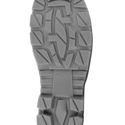 Sola de sapato cinzenta com padrão antiderrapante em relevo e número 43