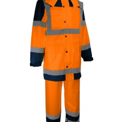 Conjunto de fato impermeável de trabalho laranja com faixas refletoras cinzentas