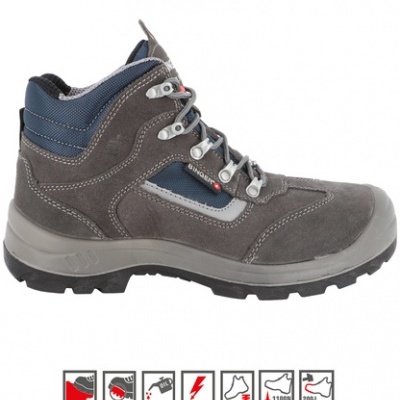 Bota de caminhada cinza e azul, camurça, sola de borracha com ícones de segurança.
