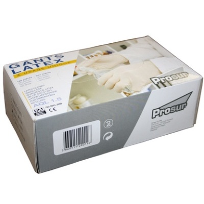Caixa branca e cinza de luvas de látex Prosup com texto GANTS LATEX e imagem de mãos a colocar luvas