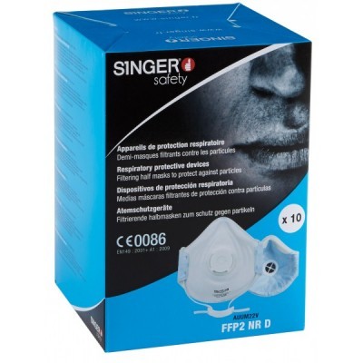 Caixa azul e preta de máscaras respiratórias SINGER safety FFP2 NR D com válvula, 10 unidades